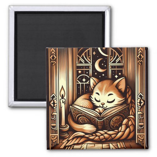 Sleeping Art Deco Style Cat With A Book Magnet