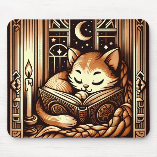 Sleeping Art Deco Style Cat With A Book Mouse Pad