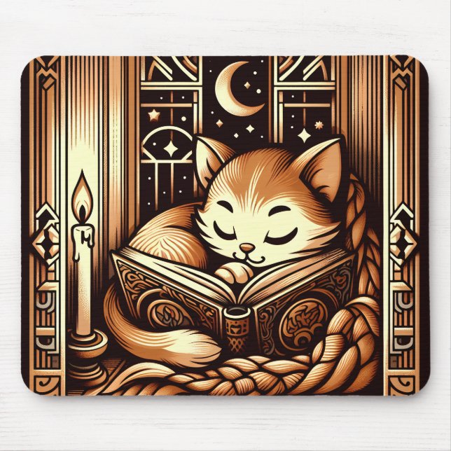 Sleeping Art Deco Style Cat With A Book Mouse Pad (Front)