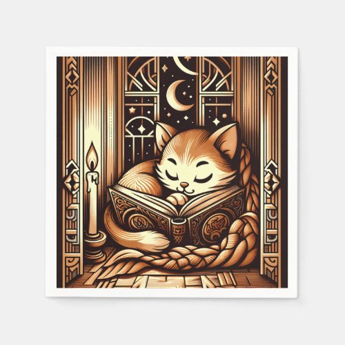 Sleeping Art Deco Style Cat With A Book Napkins