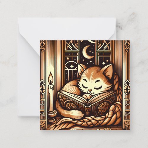 Sleeping Art Deco Style Cat With A Book Note Card