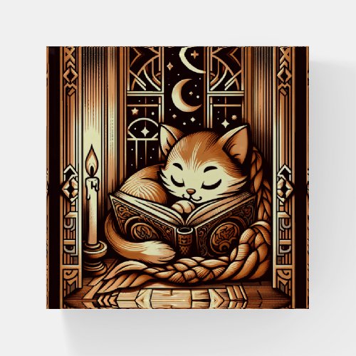 Sleeping Art Deco Style Cat With A Book Paperweight