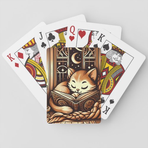 Sleeping Art Deco Style Cat With A Book Playing Cards
