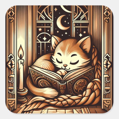 Sleeping Art Deco Style Cat With A Book Square Sticker