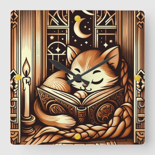 Sleeping Art Deco Style Cat With A Book Square Wall Clock