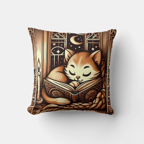 Sleeping Art Deco Style Cat With A Book Throw Pillow