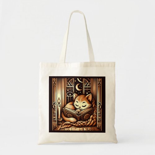 Sleeping Art Deco Style Cat With A Book Tote Bag