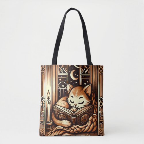 Sleeping Art Deco Style Cat With A Book Tote Bag