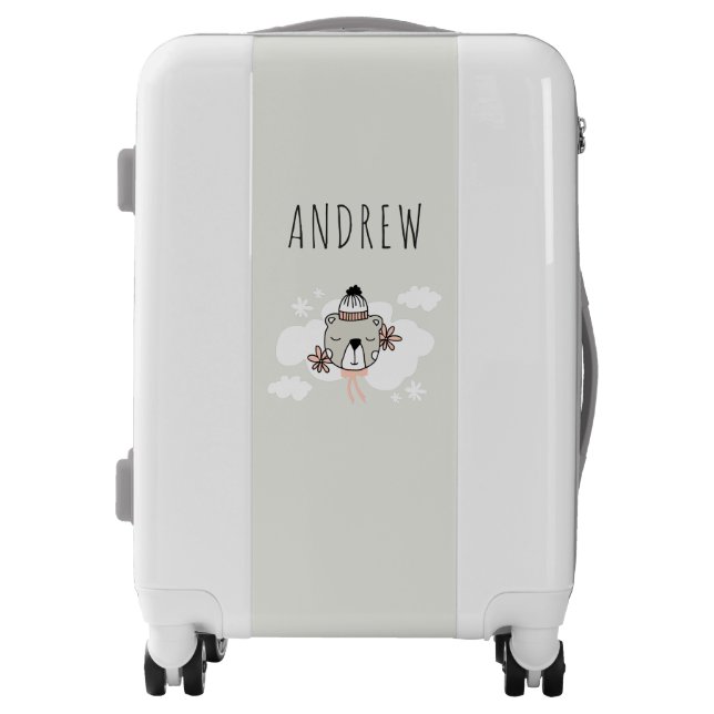 Sleeping Baby Bear & Add Kids Boys Name Text Gray Luggage (Front)