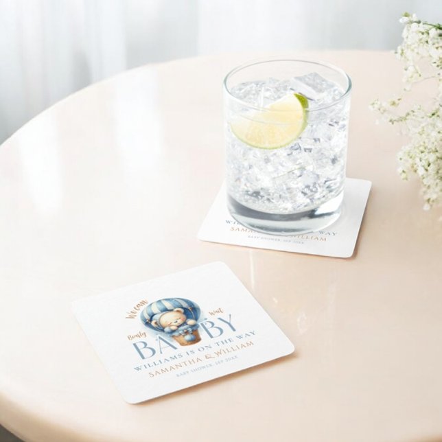 Sleeping Baby Bear Hot Air Balloon Bearly Wait Square Paper Coaster (Creator Uploaded)