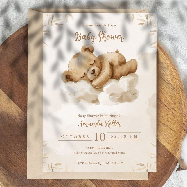 Sleeping Baby Bear Neutral Boho Baby Shower Invitation (Creator Uploaded)
