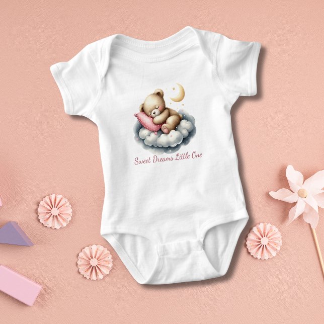 Sleeping Baby Bear on Cloud Star Baby Shower Gift  Baby Bodysuit (Personalized Sleeping baby bear on cloud with yellow moon.)