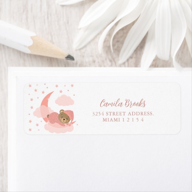 Sleeping Baby Bear On Pink Moon & Cloud  Label (Insitu)