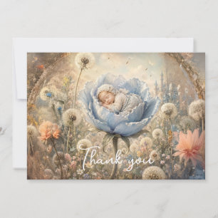 Sleeping baby blue flower dandelions thank you card