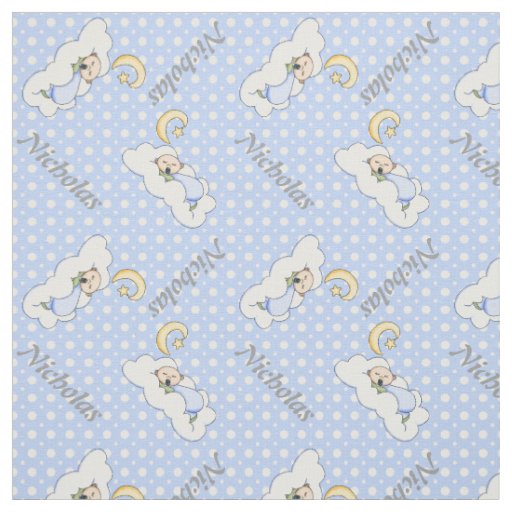 Sleeping baby boy, mane & blue polka dot nursery fabric