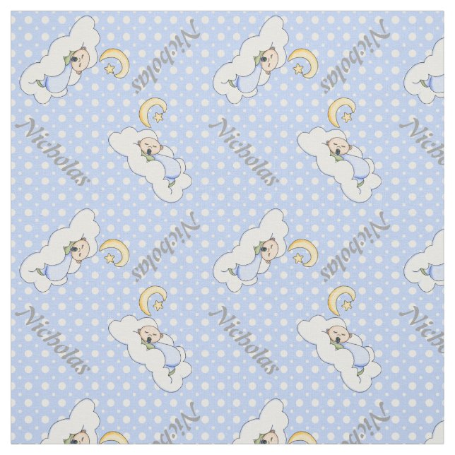 Sleeping baby boy, mane & blue polka dot nursery fabric (Swatch)
