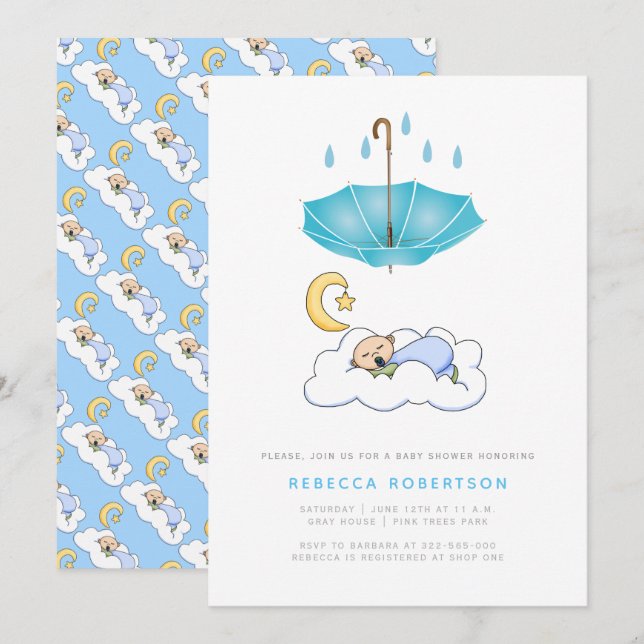 Sleeping baby boy shower blue umbrella invitation (Front/Back)