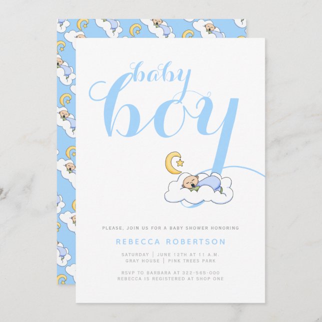 Sleeping baby boy shower elegant blue typography invitation (Front/Back)