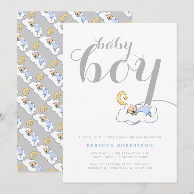 Sleeping baby boy shower elegant gray typography invitation (Front/Back)