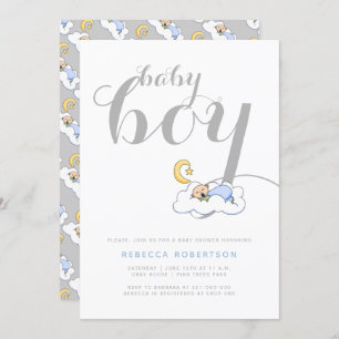 Sleeping baby boy shower elegant gray typography invitation