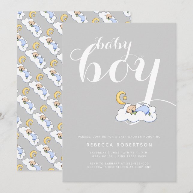 Sleeping baby boy shower elegant gray typography invitation (Front/Back)