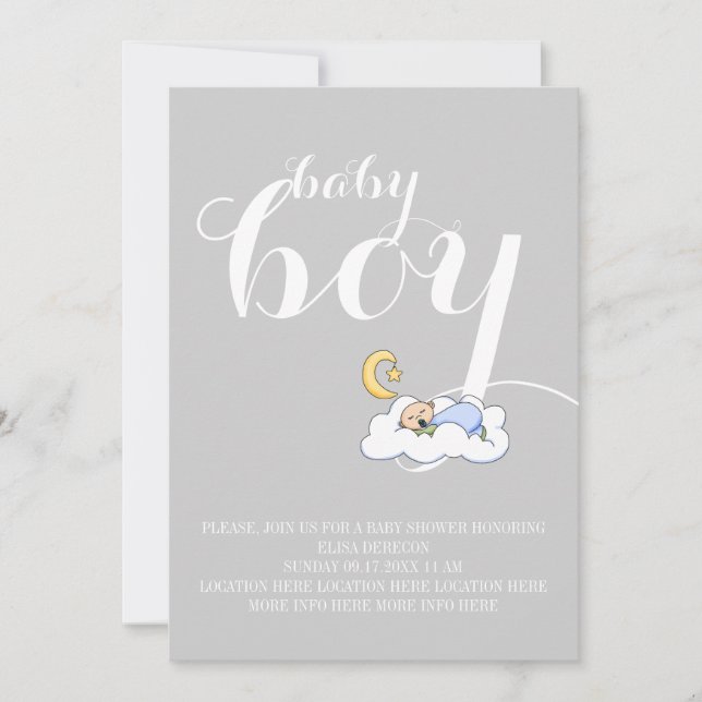 Sleeping baby boy shower elegant text grey invitation (Front)