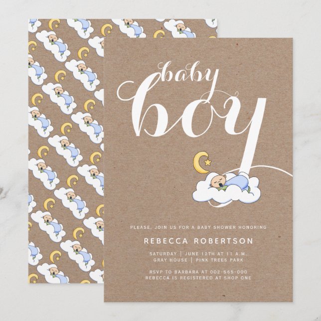 Sleeping baby boy shower kraft paper typography invitation (Front/Back)