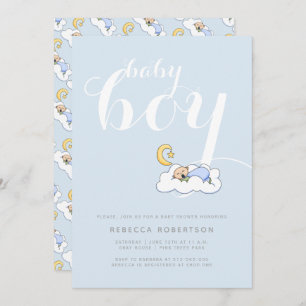 Sleeping baby boy shower pale blue typography invitation