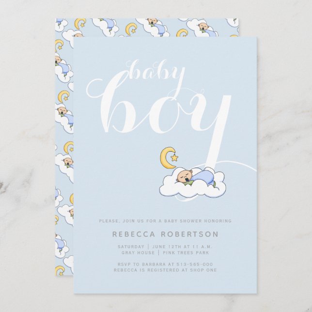 Sleeping baby boy shower pale blue typography invitation (Front/Back)