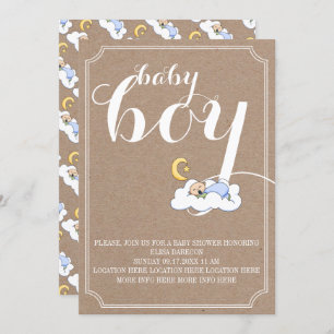 Sleeping baby boy shower vintage text minimalistic invitation