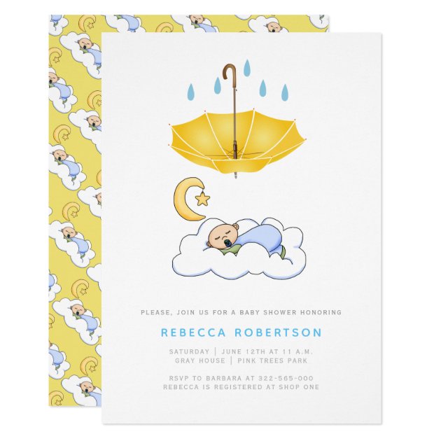 Sleeping Baby Boy Shower Yellow Umbrella Invitation