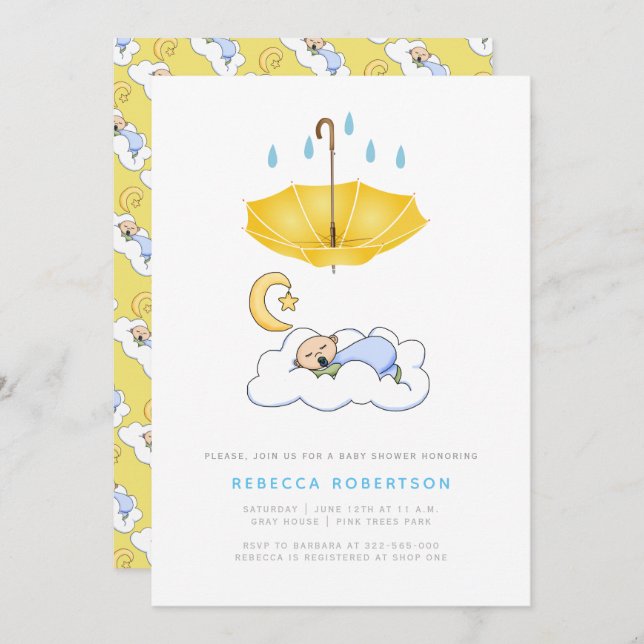 Sleeping baby boy shower yellow umbrella invitation (Front/Back)