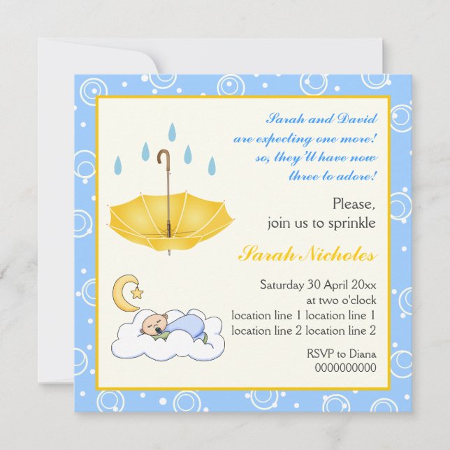Sleeping baby boy sprinkle blue yellow invitation (Front)