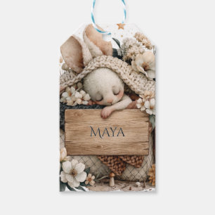 Sleeping Baby Bunny with Knitted Blanket and Name Gift Tags