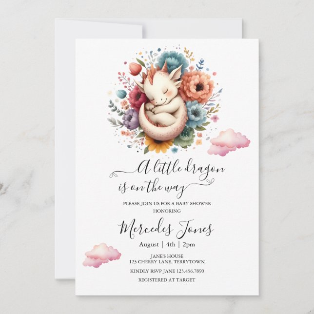 Sleeping Baby Dragon With Rainbow Flowers Art  Invitation (Front)