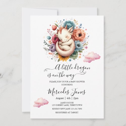 Sleeping Baby Dragon With Rainbow Flowers Art  Invitation