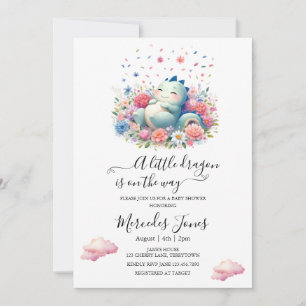 Sleeping Baby Dragon With Rainbow Flowers Art Invitation