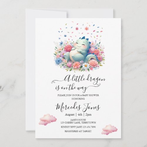 Sleeping Baby Dragon With Rainbow Flowers Art  Invitation