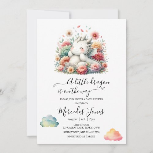 Sleeping Baby Dragon With Rainbow Flowers Art  Invitation