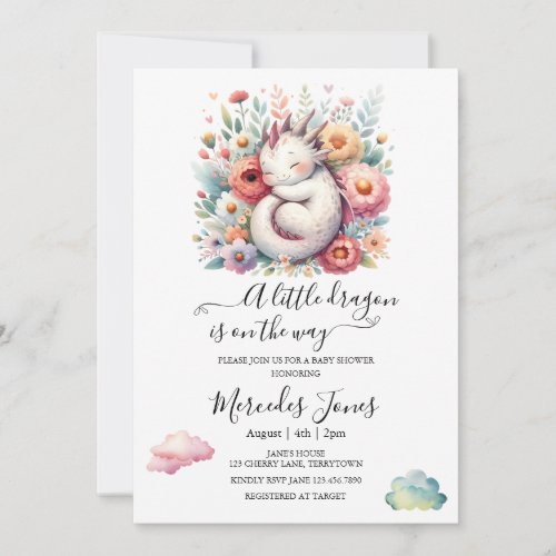 Sleeping Baby Dragon With Rainbow Flowers Art  Invitation