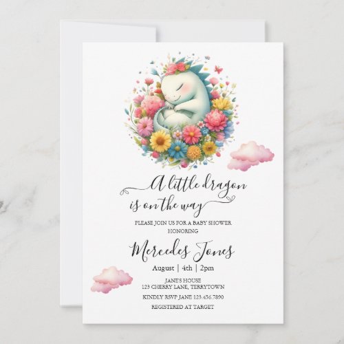 Sleeping Baby Dragon With Rainbow Flowers Art  Invitation