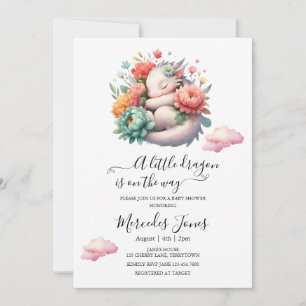 Sleeping Baby Dragon With Rainbow Flowers Art Invitation