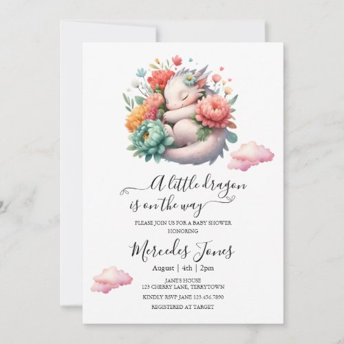 Sleeping Baby Dragon With Rainbow Flowers Art  Invitation