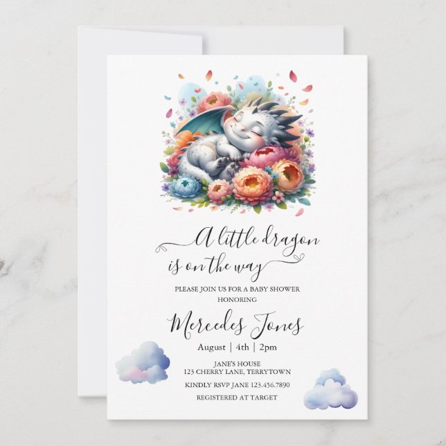 Sleeping Baby Dragon With Rainbow Flowers Art  Invitation (Front)