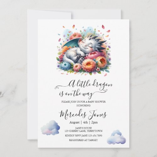 Sleeping Baby Dragon With Rainbow Flowers Art  Invitation