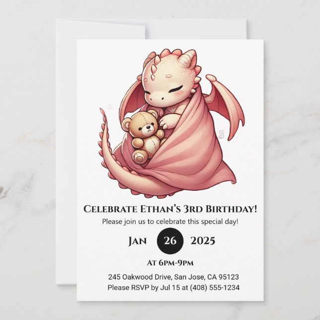Sleeping Baby Dragon with Teddy Birthday Invitation (Front)