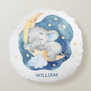 Sleeping Baby Elephant Moon Stars Boy Nursery Round Pillow