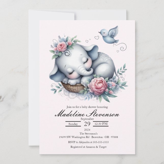 Sleeping Baby Elephant Themed Baby Shower  Invitation (Front)