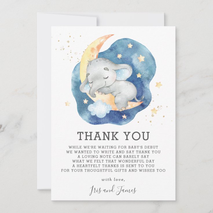 Sleeping Baby Elephant Twinkle Star Shower Boy Thank You Card | Zazzle