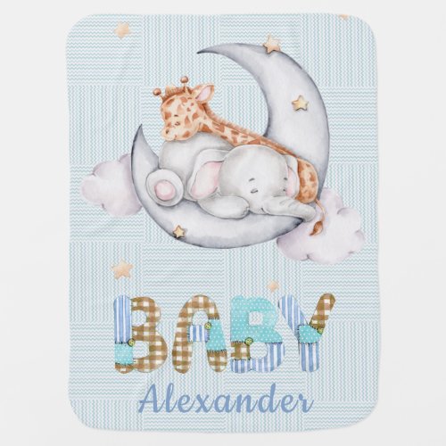 Sleeping Baby Giraff Elephant on The Moon Boy Baby Blanket